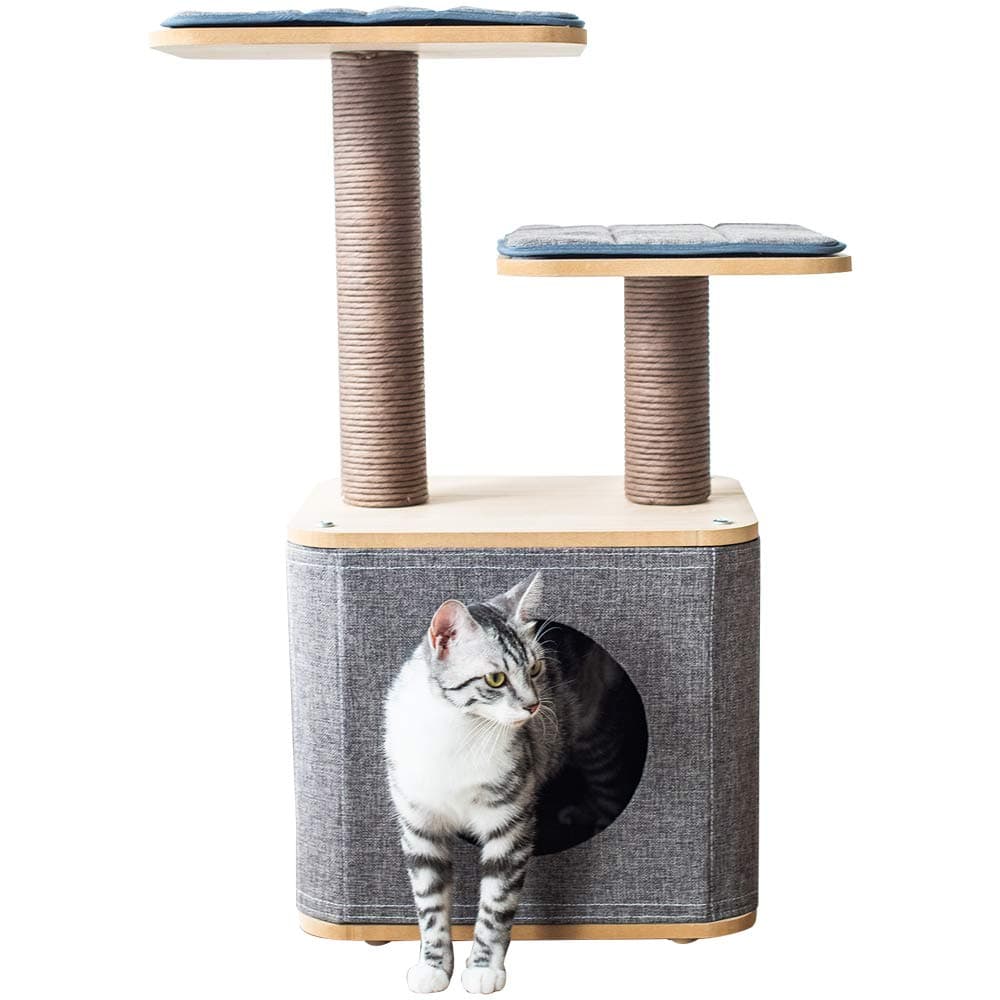 Catry, Grey Cat Tree Condo Paper Rope Covered Scratch Post Activity Center for Climbing Relaxing and Playing