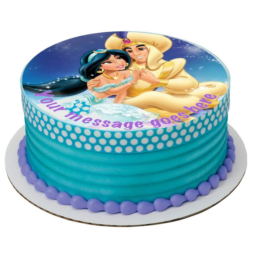 Aladdin & Princess Jasmine 19 cm Round Fondant Icing Edible Cake Topper and Printed with Your Custom Greeting -