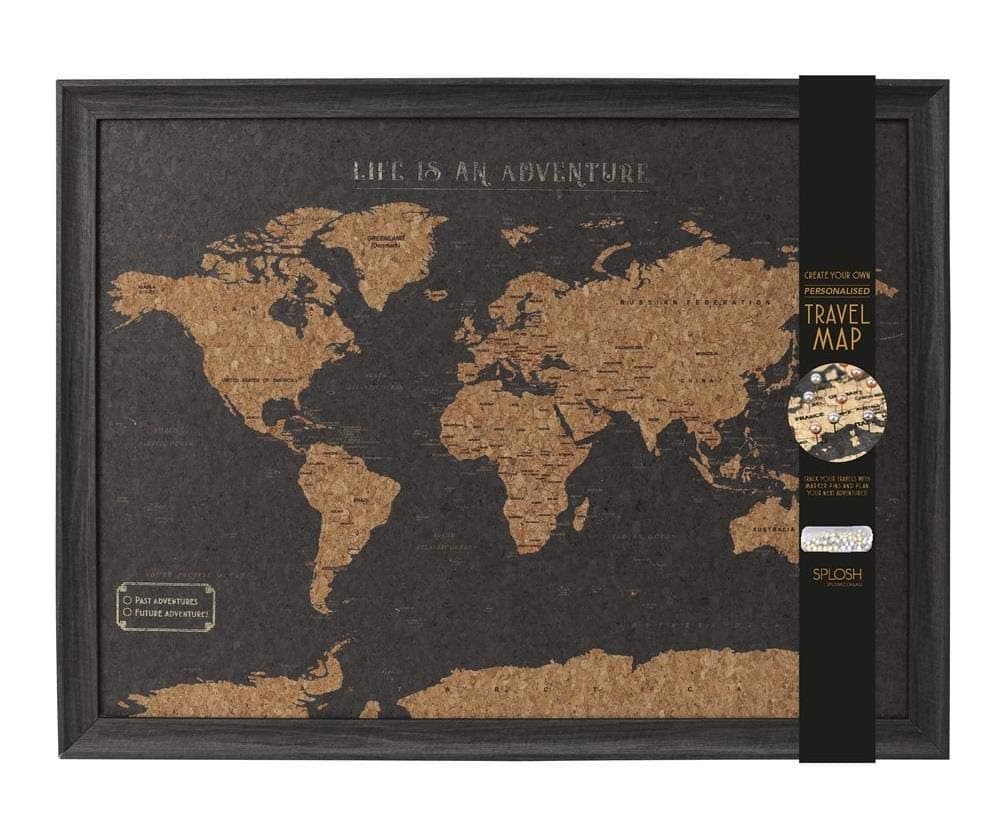 Caths Direct Framed Small Travel Board World Map with Marker Pins Dark Brown Colour
