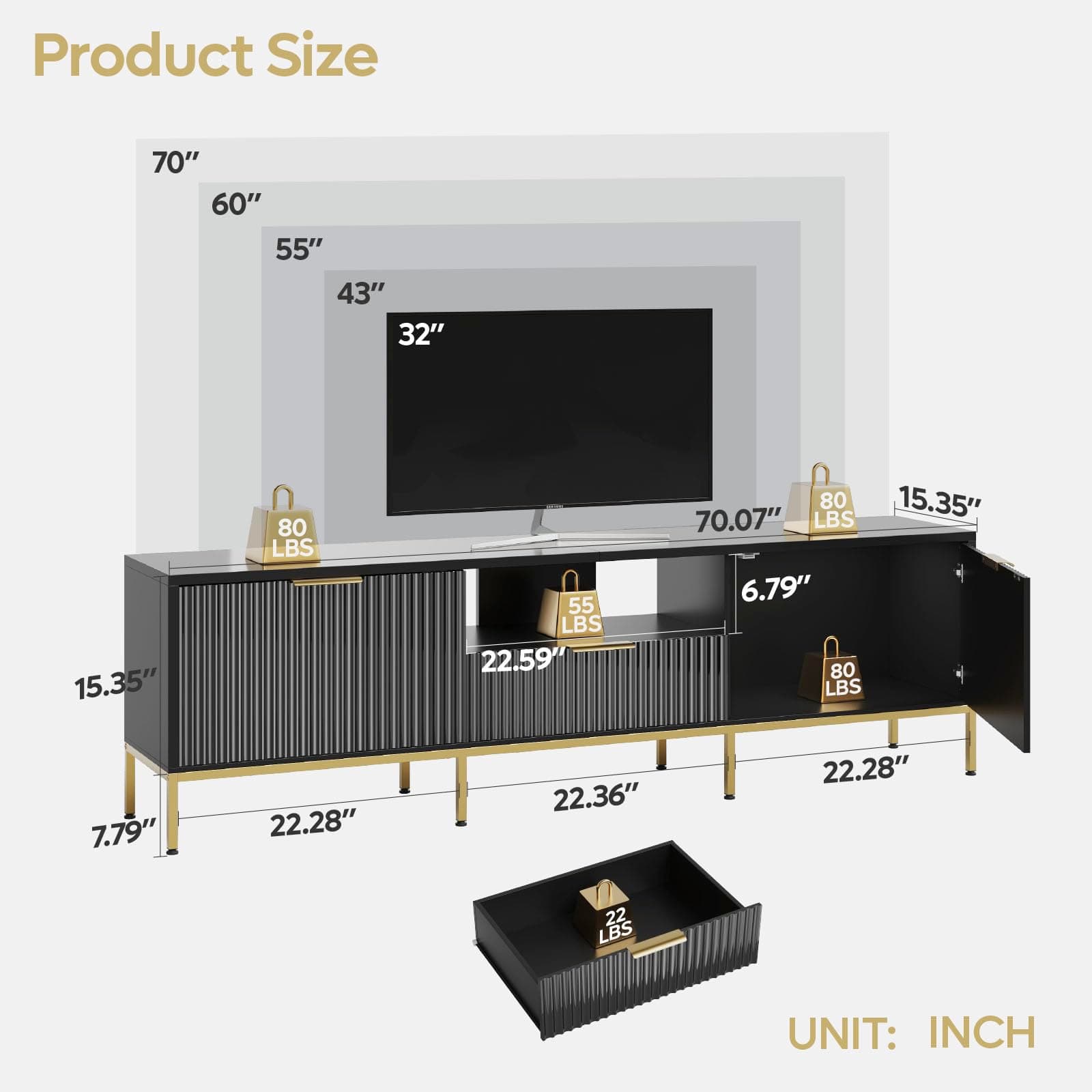 Bestier 70” Luxury Fluted TV Stand with LED Lights, High Gloss Entertainment Center for TVs Up to 80", Modern Media Console with Drawers and Cabinets, TV Console for Living Room Bedroom, Black