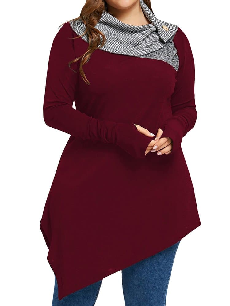 Sibylla Women's Plus Size Striped Turtleneck Thumb Hole Asymmetrical Hem Tunic Top T Shirt Blouse