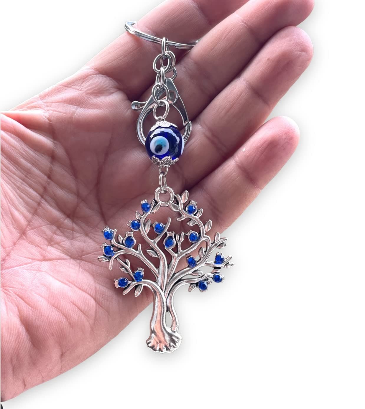 Tree Shape Pendant with Blue Evil Eye Keychain Crystal alloy Keyring for Men and Women (Pack of 1)