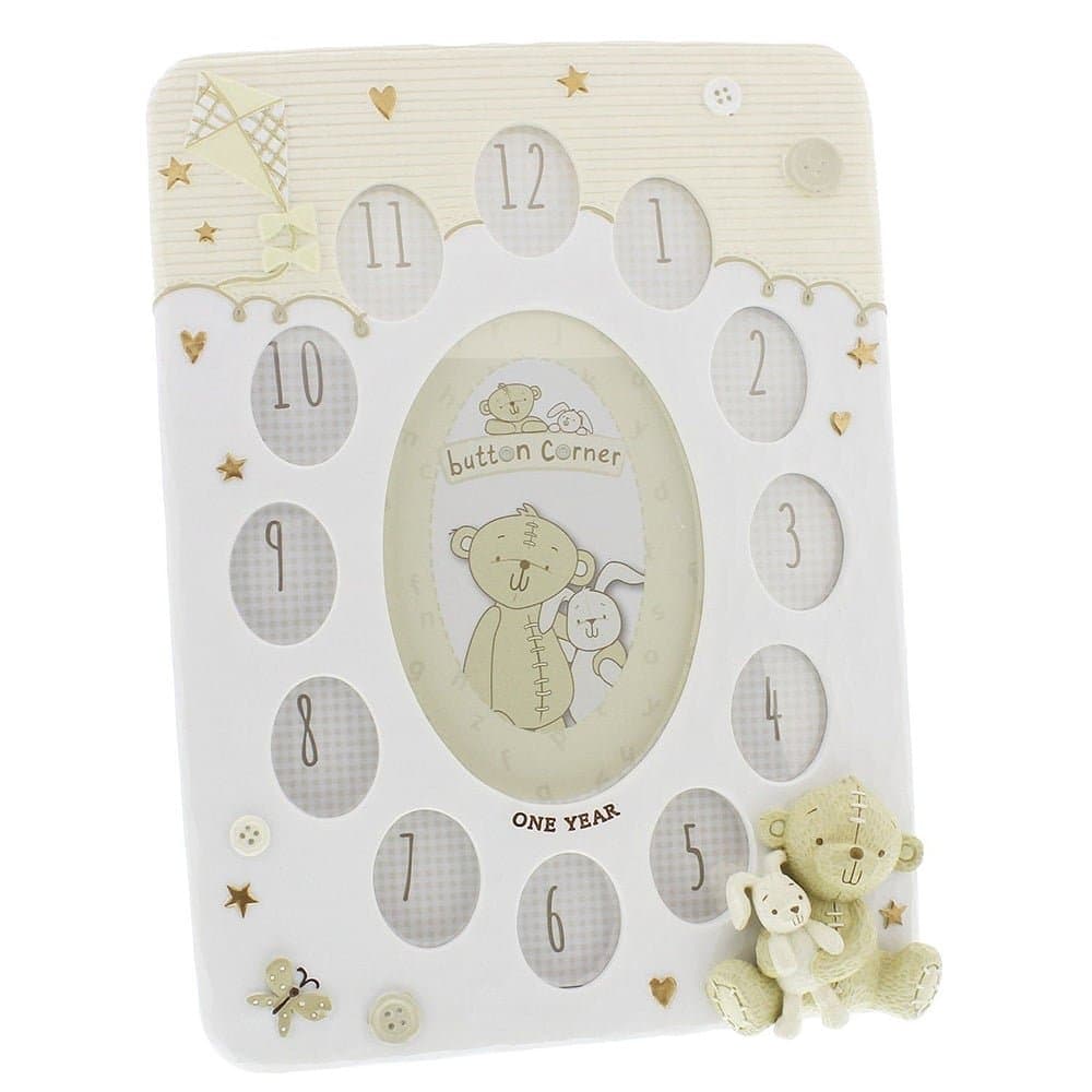 Button Corner Resin First Year Photo Frame with 12 small apertures & a large One Year - Birthday Frame CG1209