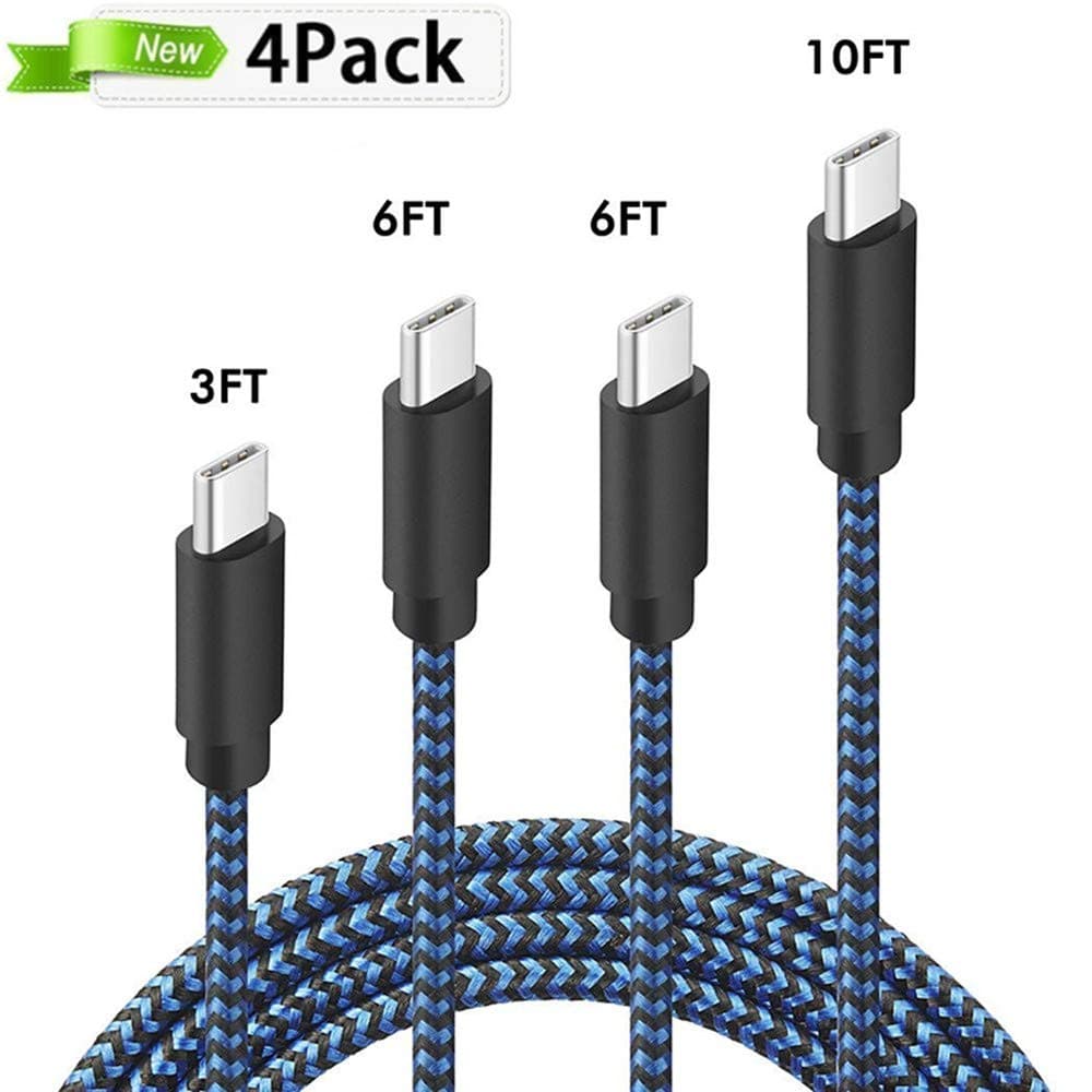 TOPBIN USB Type C Cable, 4 Pack (3/6/6/10FT) USB Type C to USB A Cable Nylon Braided Fast Charger Cord for Samsung Galaxy S9,Note 9,S8 Plus,LG V30 V20 G6 G5,Google Pixel,Nexus 6P 5X (Black+Blue)