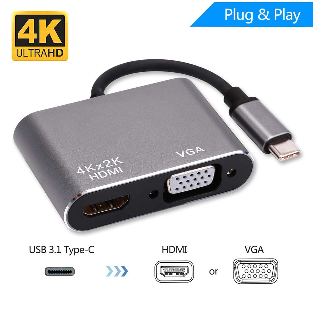 SOOTEWAY USB-C to 4K HDMI & VGA Dual Dispaly Digital AV Adapter Compatible 2018 MacBook Air & iPad Pro,Latest MacBook Pro (Thunderbolt 3), XPS 13/15, Surface Book 2/Go, Chromebook, (gray)