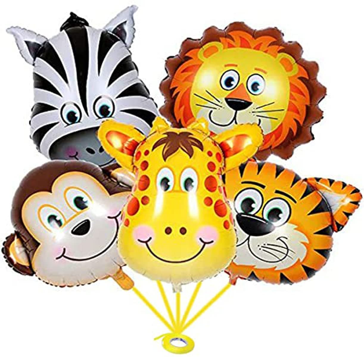 Propsicle Jungle Safari Foil Balloons - (Pack of 5) Animal Faces (Lion, Tiger, Zebra, Monkey, Giraffe) for Kids Birthday Decoration, Jungle Theme Backdrop, Baby Shower, School Events