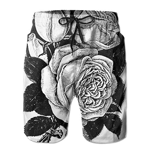 Men's Drawstring Waist Black And White Rose Short Pants