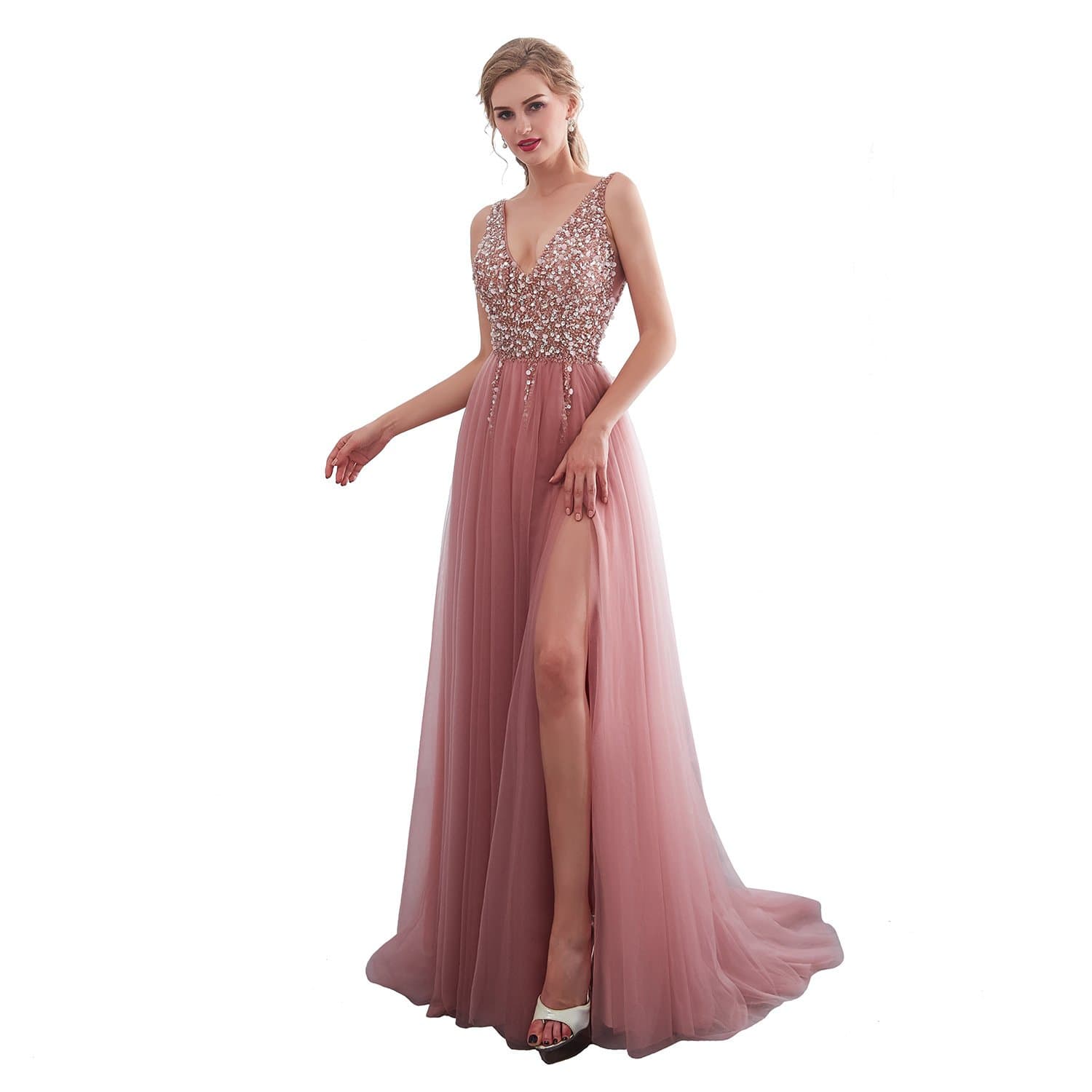 Prom Dresses High Slit V Neck Sequins Tulle Long Evening Gowns Pink
