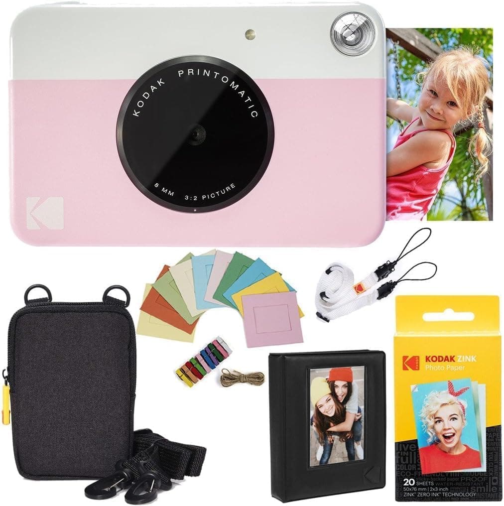 Kodak Printomatic Instant Camera (Pink) Deluxe Bundle + Zink Paper (20 Sheets) + Deluxe Case + Photo Album + Hanging Frames + Comfortable Neck Strap
