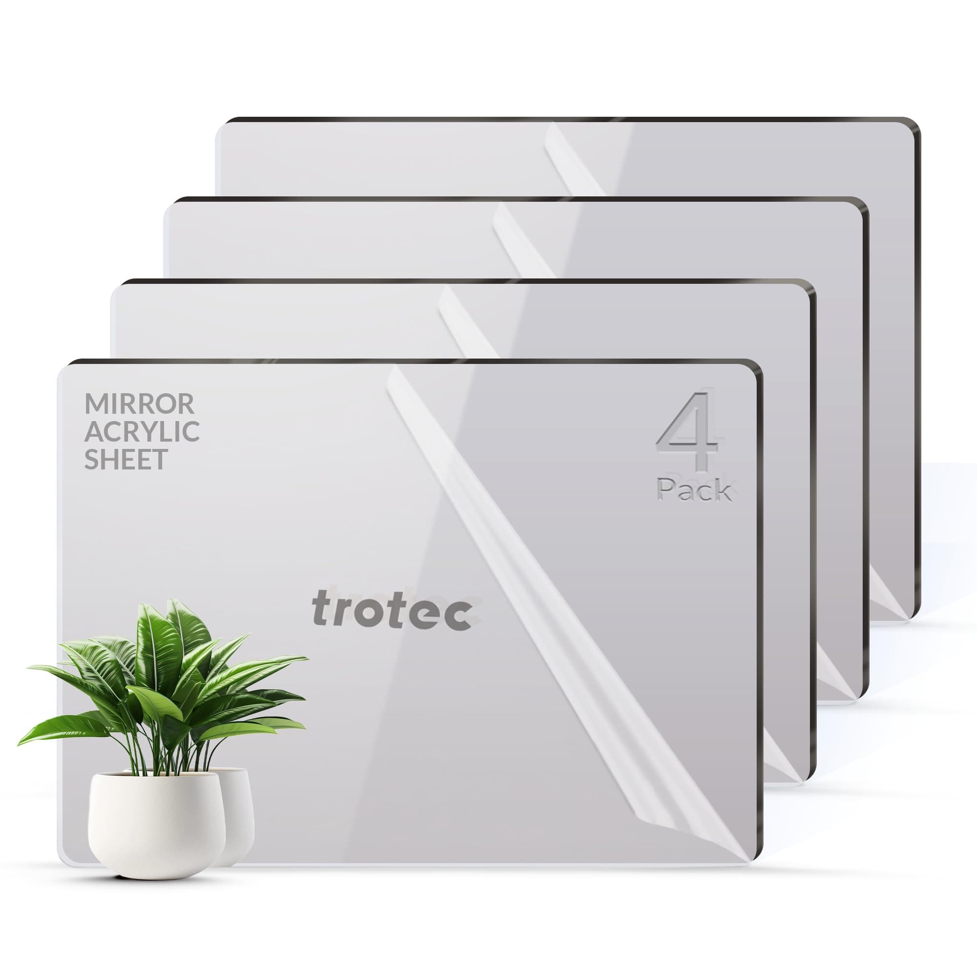 TroGlass Mirror Acrylic Sheet 4 Qty 23.75" x 11.75" x 1/8”, Mirror Plexiglass for Laser Engraving, Interior Display, Wall Decorations, Glowforge & Rotary, Mettalic Grey Color