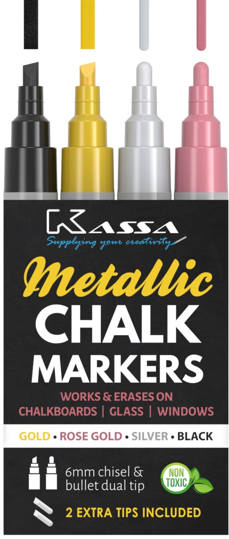 Kassa Liquid Chalk Markers (Metallic Colors) - Erasable Chalkboard Pens for Blackboard Glass Mirrors (4 Pack)