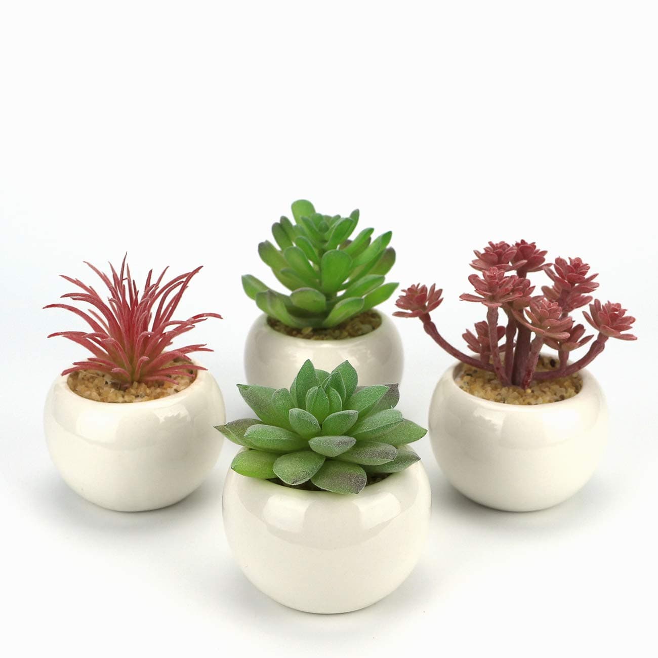 GemEwell Artificial Succulent Plants 4 Kinds Mini Fake Cactus Succulent Potted Plant in White Round-Shaped Ceramic Pot Ideal for Home & Office Decoration (Succulents C (Green & Pink))