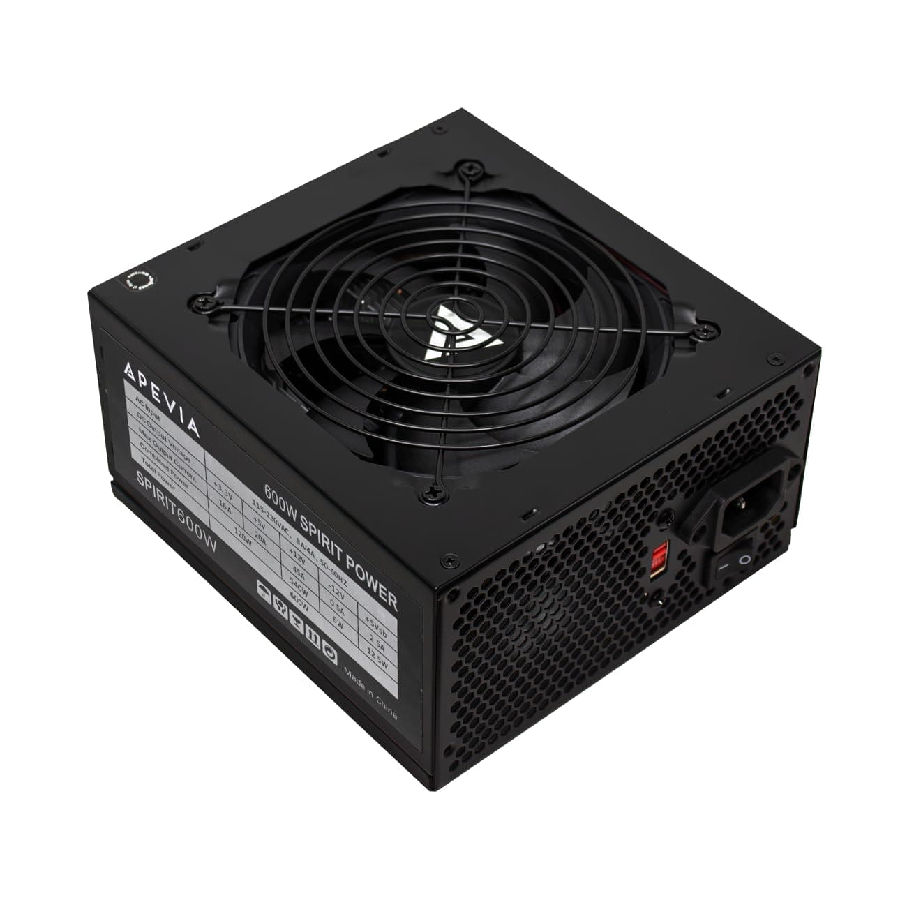 Apevia SPIRIT600W Spirit 600W ATX Power Supply with Auto-Thermally Controlled 120mm Fan, 115/230V Switch, All Protections