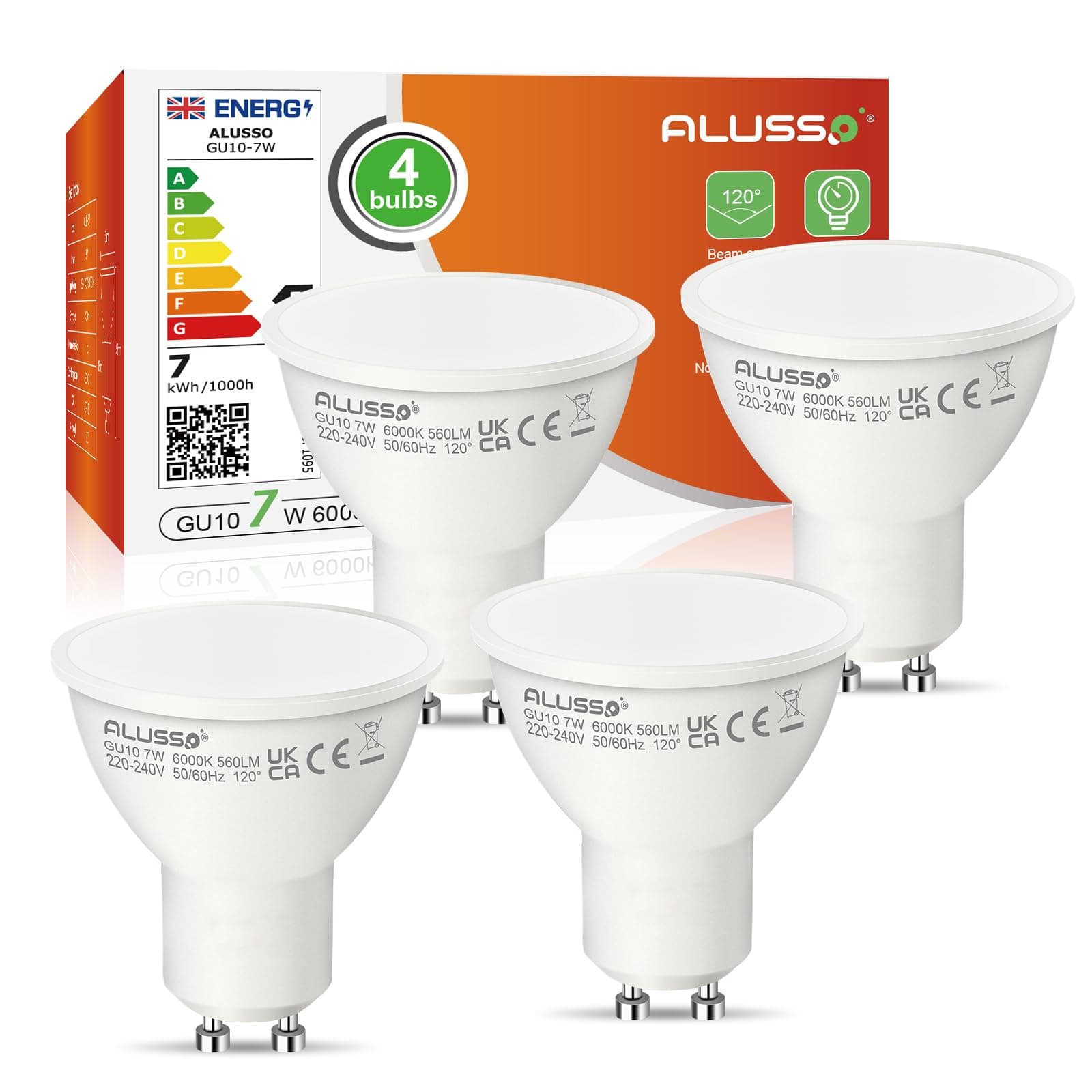 ALUSSO 7W GU10 LED Light Bulbs, 560lm Cool White 6000K, Non-dimmable, 120° Beam Angle, LED Spotlight Bulbs Suitable for Living Room, Bedroom, Kitchen, Pack of 4