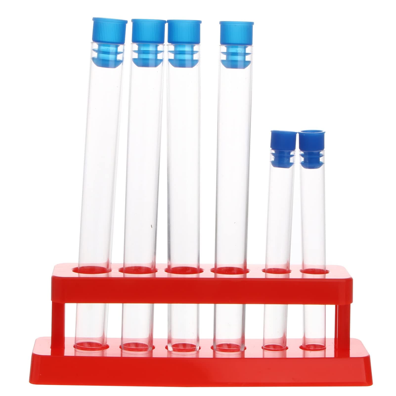 Hemobllo 7Pcs Test Tubes with Rack : Clear Plastic Laboratory Test Tubes with Caps and 6 Holes Holder for Scientific Experiment, 5.89X0.63X0.63inch