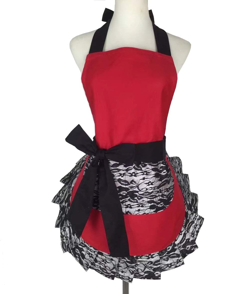 Hyzrz Cute Lace Flirty Apron with Pocket, Fun Retro Sexy Cooking Pinup Aprons for Women Girls (Red)