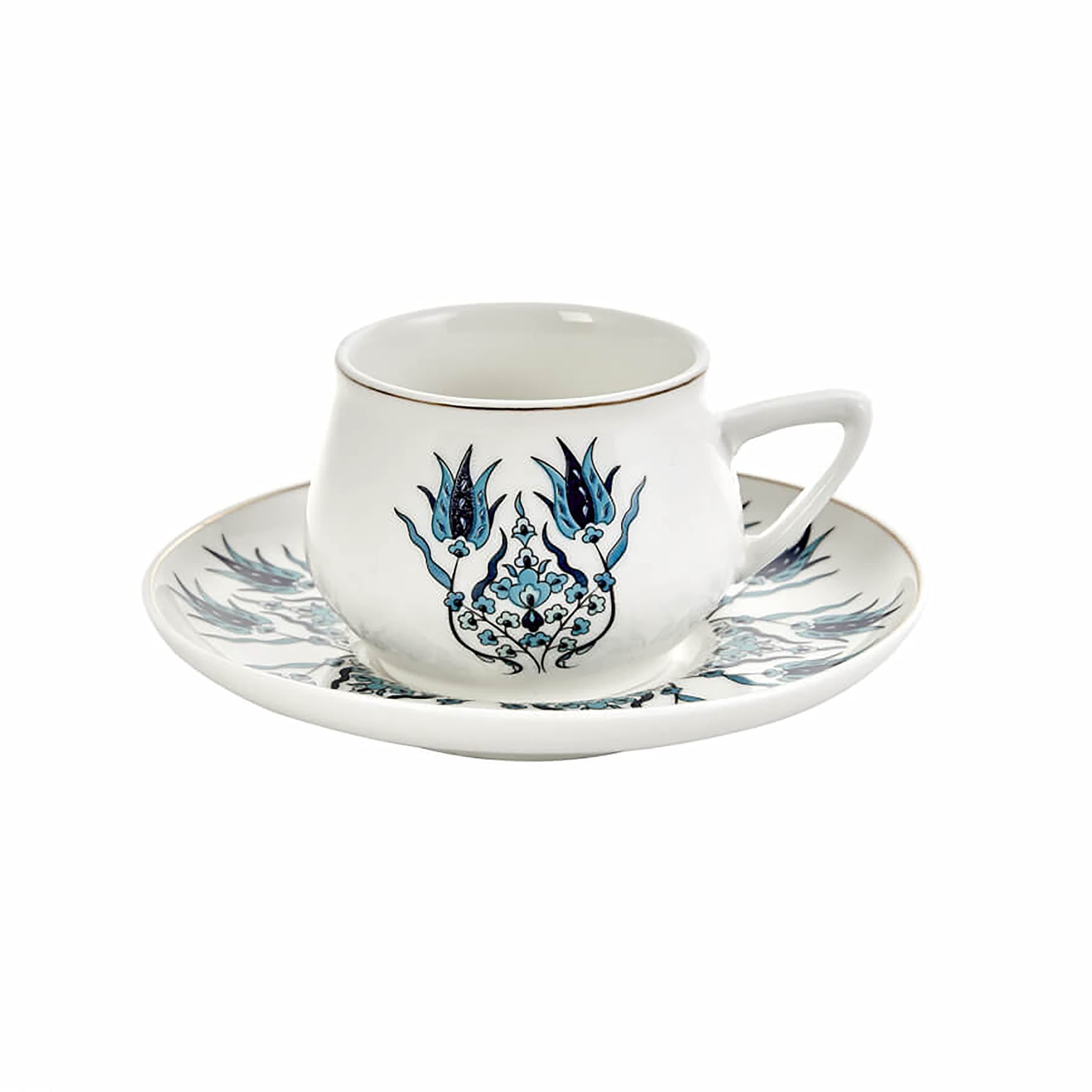 Iznik New Form Turkish Coffee Cup Set of 6, (12 Piece) Cups with Saucers - 3.3 fl oz Small Porcelain Espresso Set - Ideal for Serving Greek, Arabic Coffee