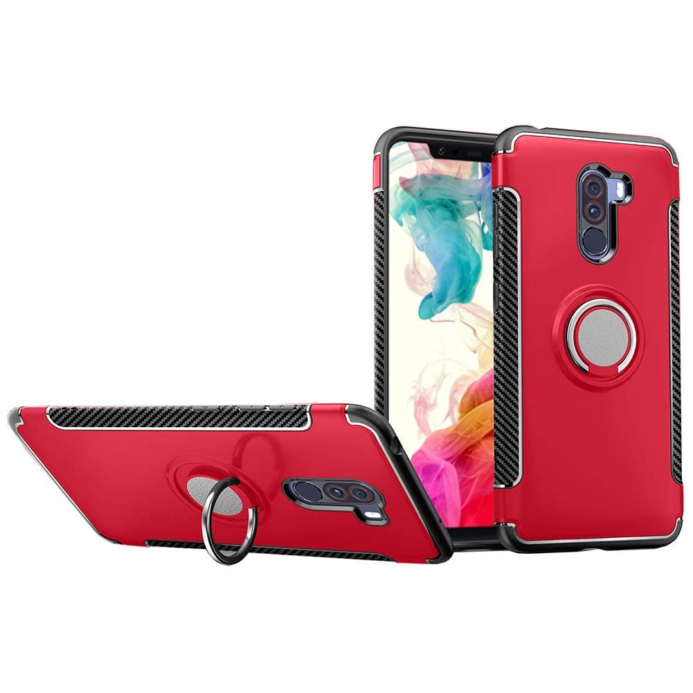 Xiaomi Pocophone F1 Case, QLOA 2 in 1 TPU+PC Double Protection Case Shockproof Cover with 360 Degree Rotating Ring for Xiaomi Pocophone F1 (2018 Release)-Red