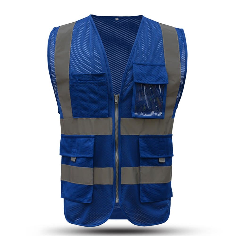 HiviziLarge Blue safety vest reflective with pockets and zipper|High Visibility Reflective Stripes|Multi Pocket High visibility Mesh Vest for men and women(L, Blue)