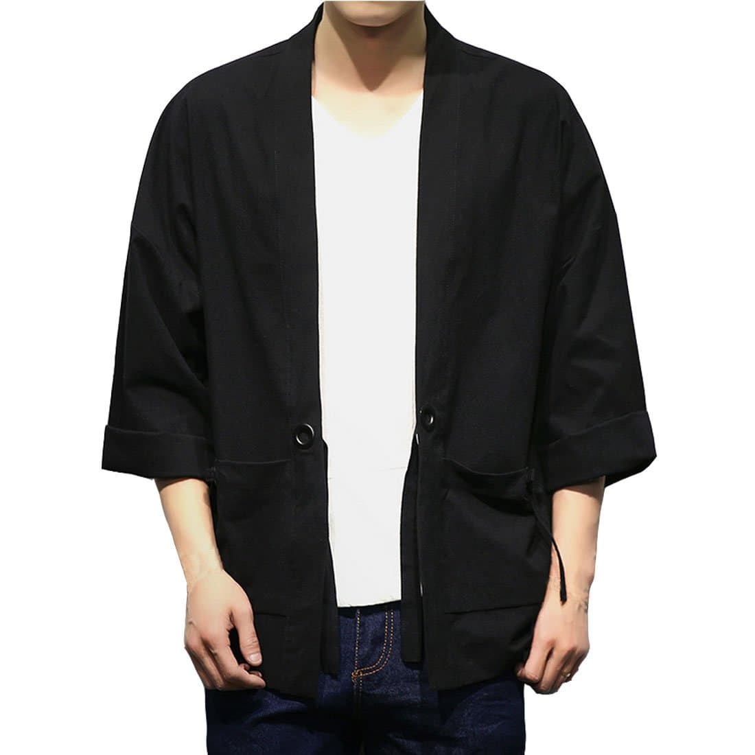 HZCX FASHION Men's Cotton Blends Linen Open Front Cardigan Kimono Jackets