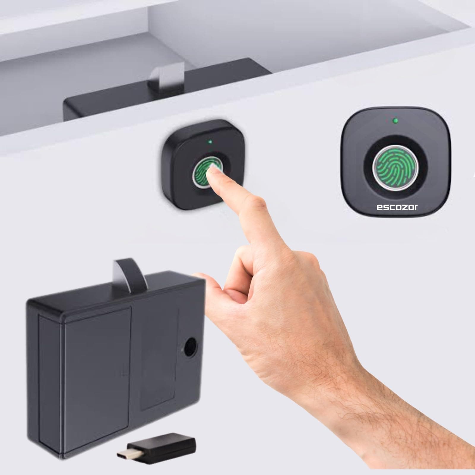 Escozor® CL010 Smart Digital Fingerprint Furniture Lock for Drawer, Cabinet & Wardrobe | Biometric Keyless Security | Stores 20 Fingerprints | Unique E-Key Access