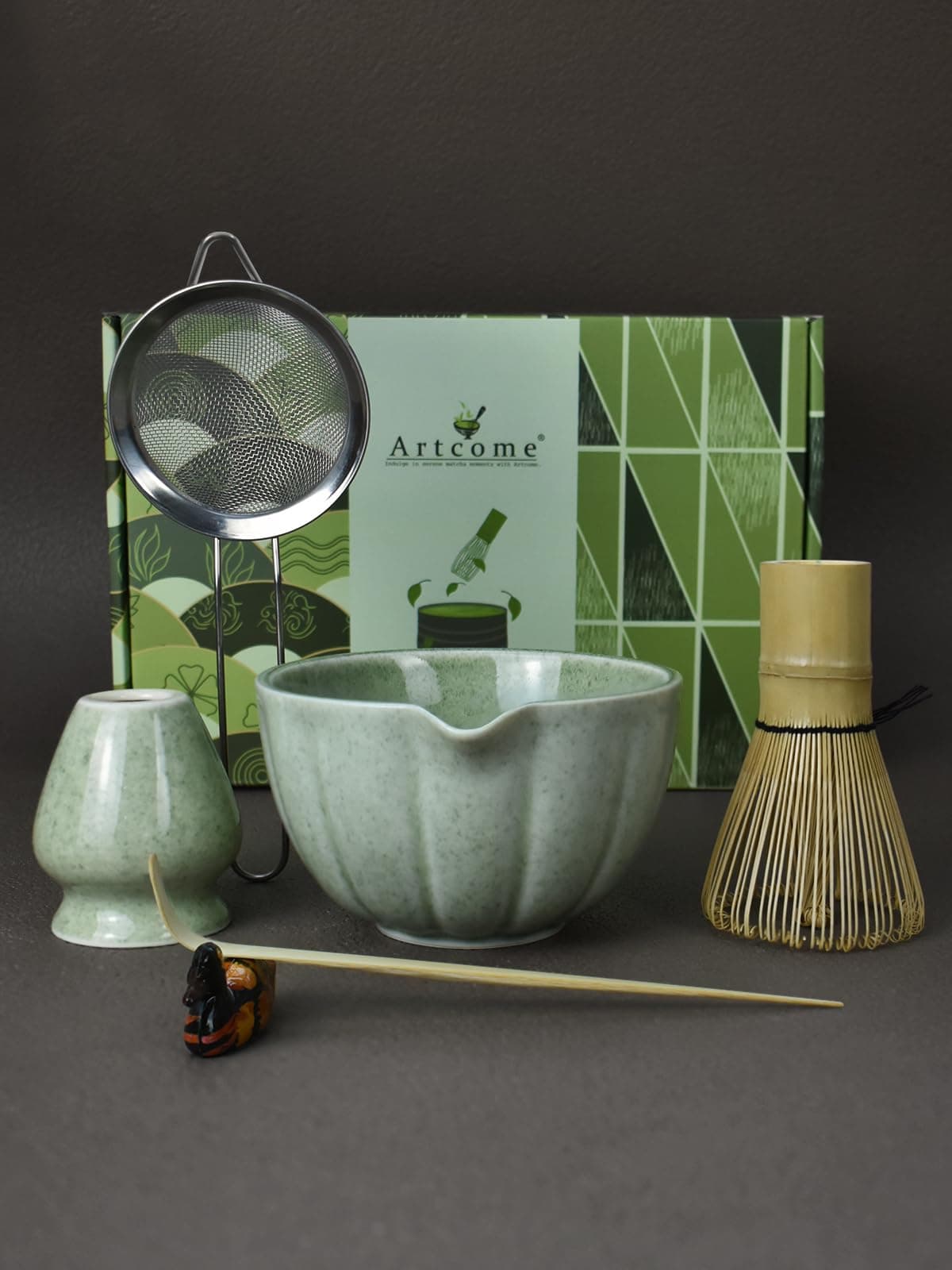 Artcome 6-Piece Japanese Tea Set, Matcha Bowl with Spout, Whisk, Scoop, Holder - Handmade Ceremony Kit