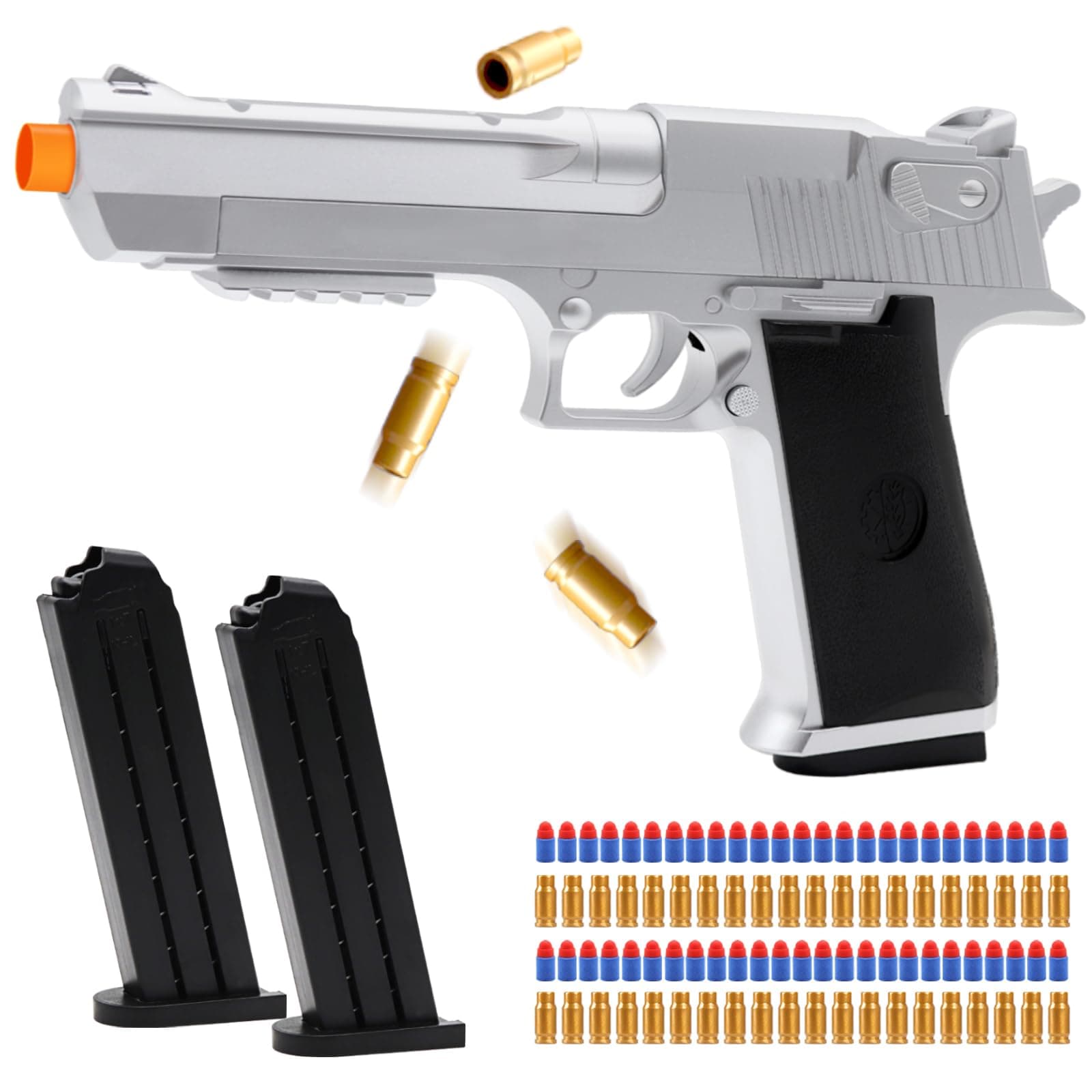 Soft Bullet Toy Gun Pistol with Shell Ejecting for Indoor/Outdoor Shooting Games, Halloween Costume Fake Prop Gun Model, Educational Play Toy Guns, Christmas/Birthday Gifts (Silver)
