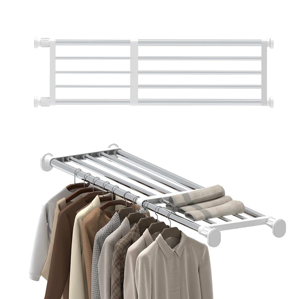 Hershii Expandable Shelf Rod Closet System Heavy Duty Clothes Hanger Adjustable DIY Storage Organizer Shoe Rack