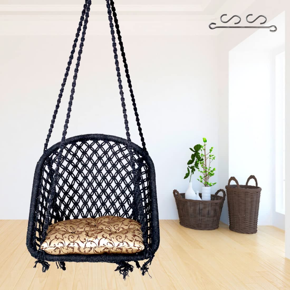 Patiofy D Shape Cotton Wooden Swing/Jhula Swing & Golden Floral Cushion - Black - 64 X 61 X 2.5 Cm