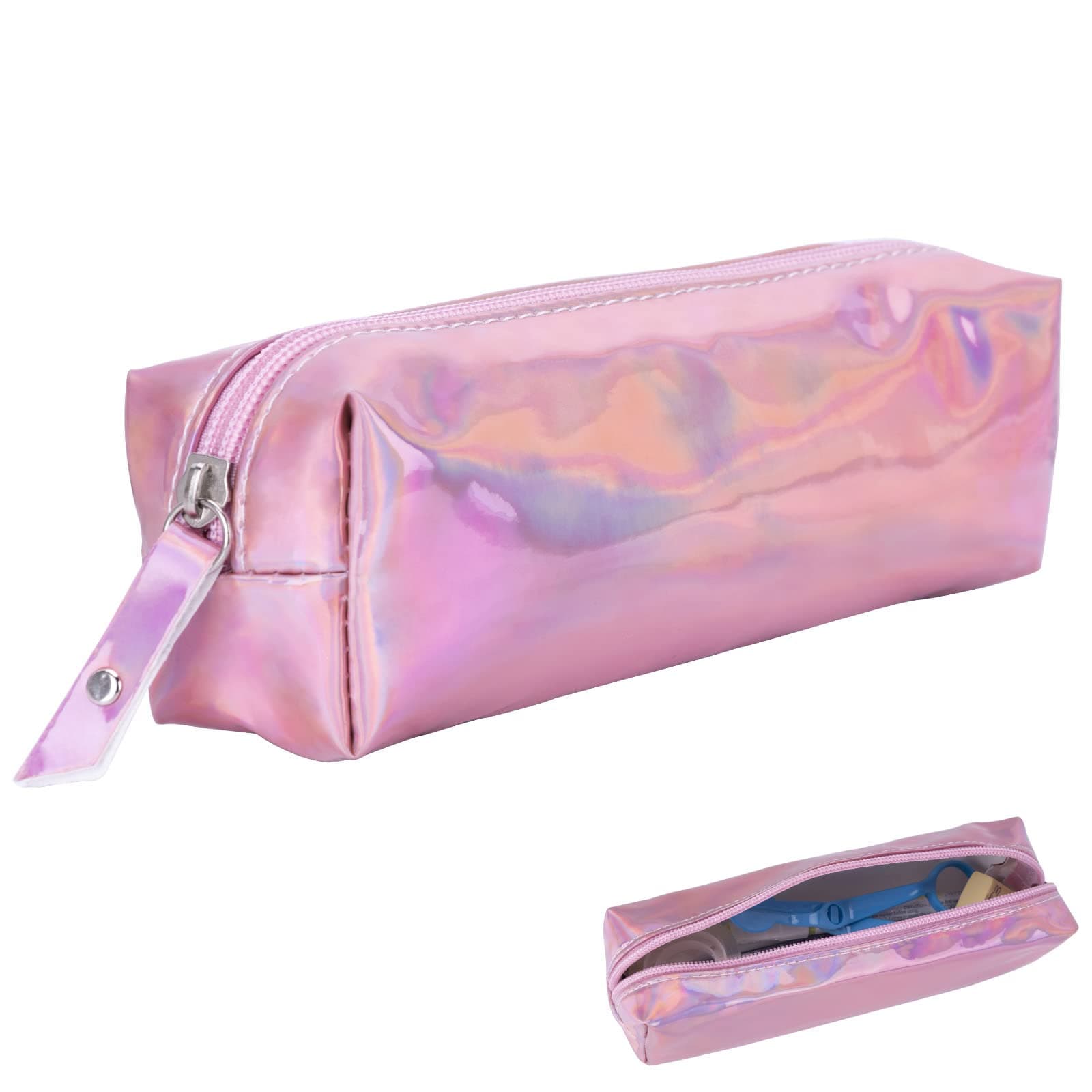 Fablcrew Pencil Case Shiny Zipper Large Capacity Pen Pouch Makeup Bag for Home School Office Pink