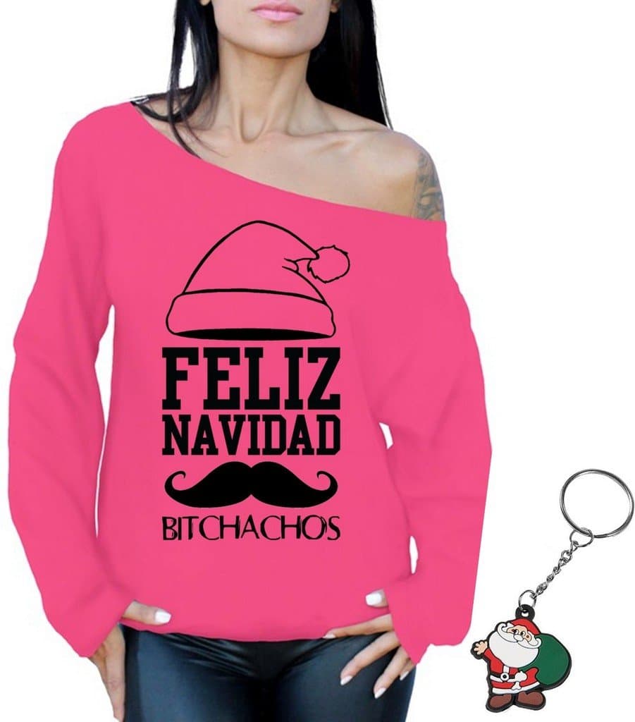 Feliz Navidad Bitchachos Christmas Ugly Off Shoulder Sweater + Key Chain
