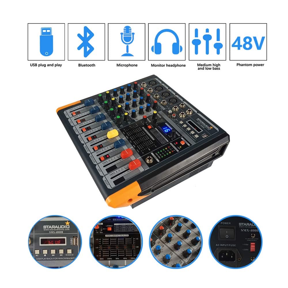 4Channel Amplifier Powered Mixer System With Console USB Bluetooth MP3 Player Mixing For PA DJ Stage System,Night Club,Karaoke,KTV,Church,School Play,Professional Show,Wedding Party SMX4000B