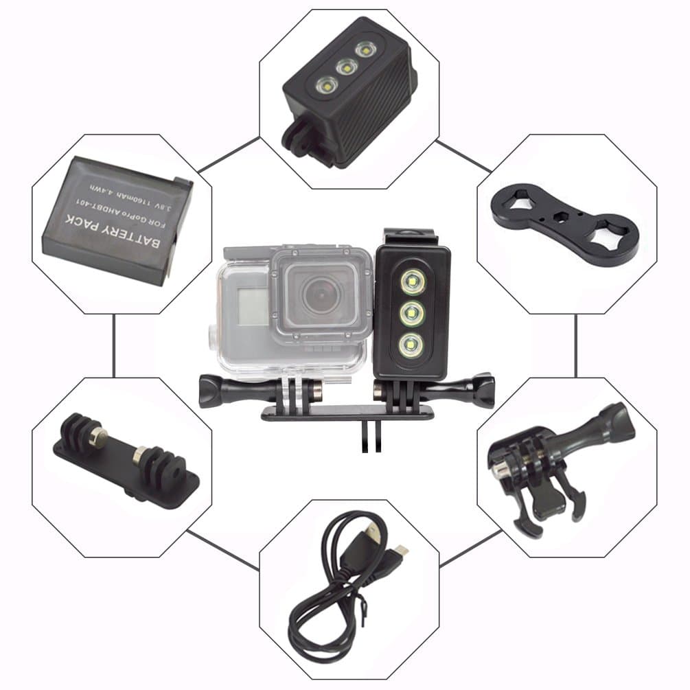 Waterproof LED Light for GoPro, 30m Underwater Lighting for Action Cameras, 3W 300LM with 3 Power Modes, USB Rechargeable
