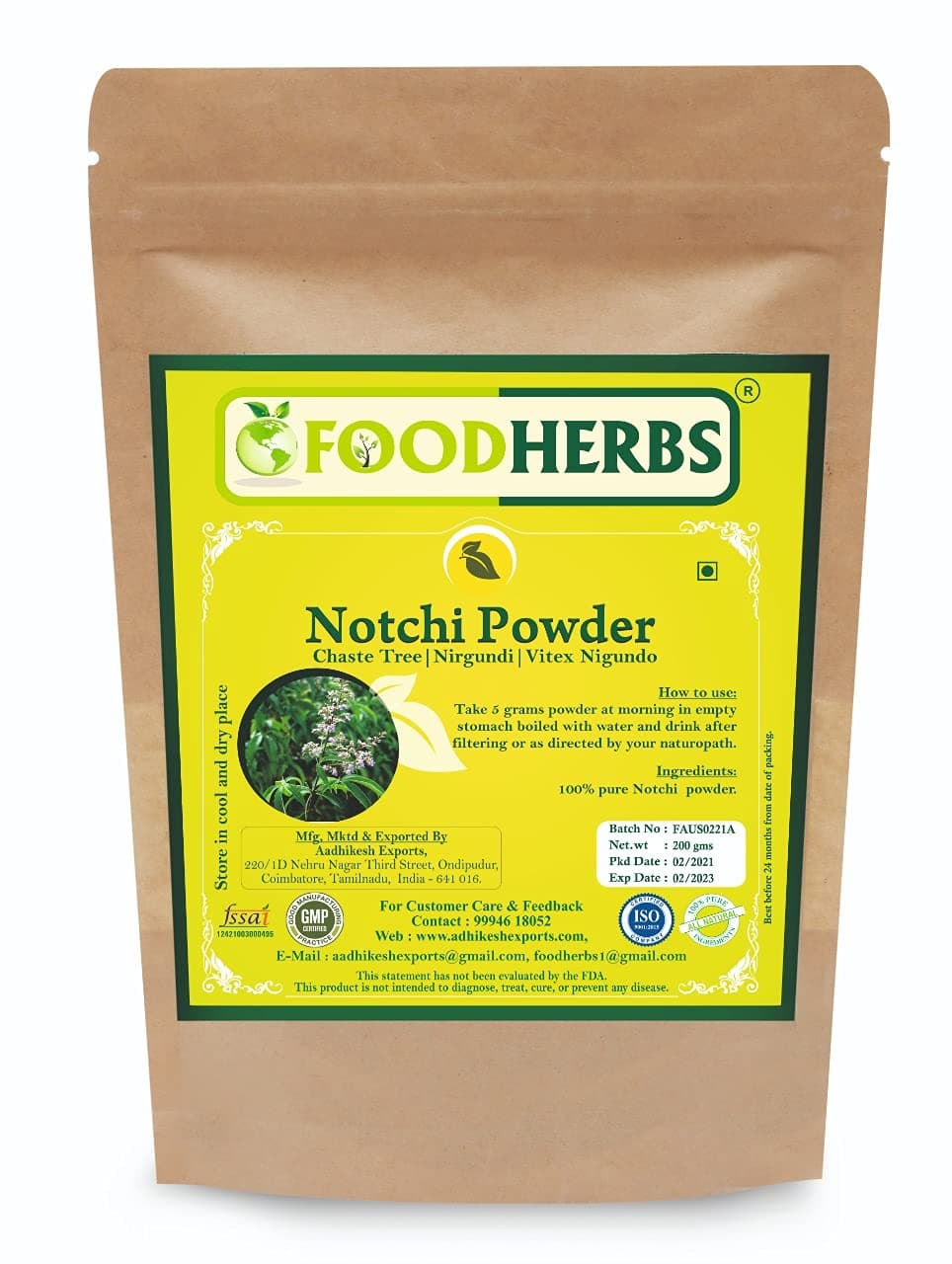 Foodherbs Notchi/Vitex Nigundo/Nirgundi Leaf Powder (200 Gm/0.44 Lbs)