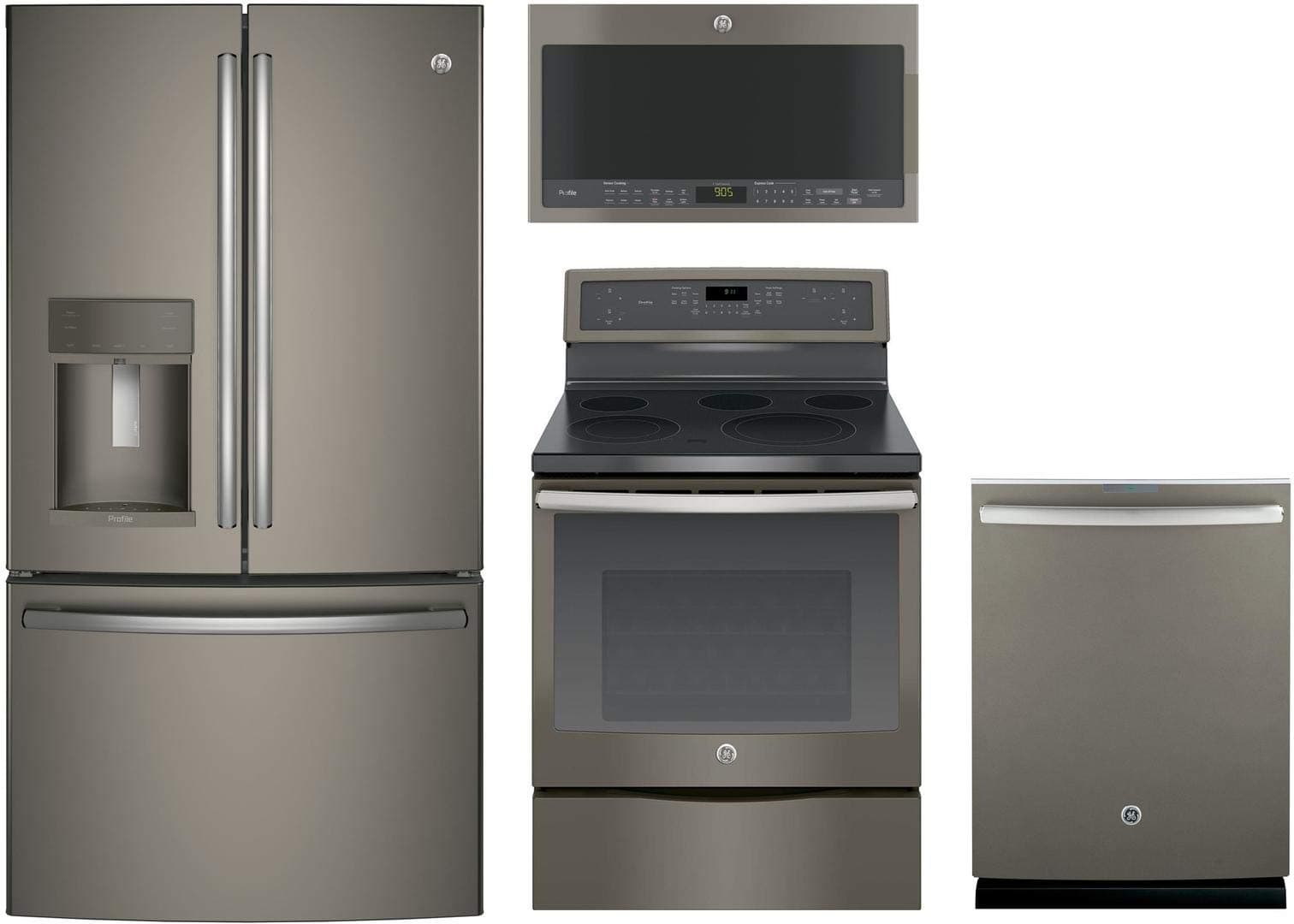 GE Profile 4-Pcs Kitchen Package with PFE28KMKES 36" Fridge, PB911EJES 30" Freestanding Elec. Range, PVM9005EJES 30" Over-the-Range Microwave and PDT855SMJES 24" Fully Integrated Dishwasher in Slate