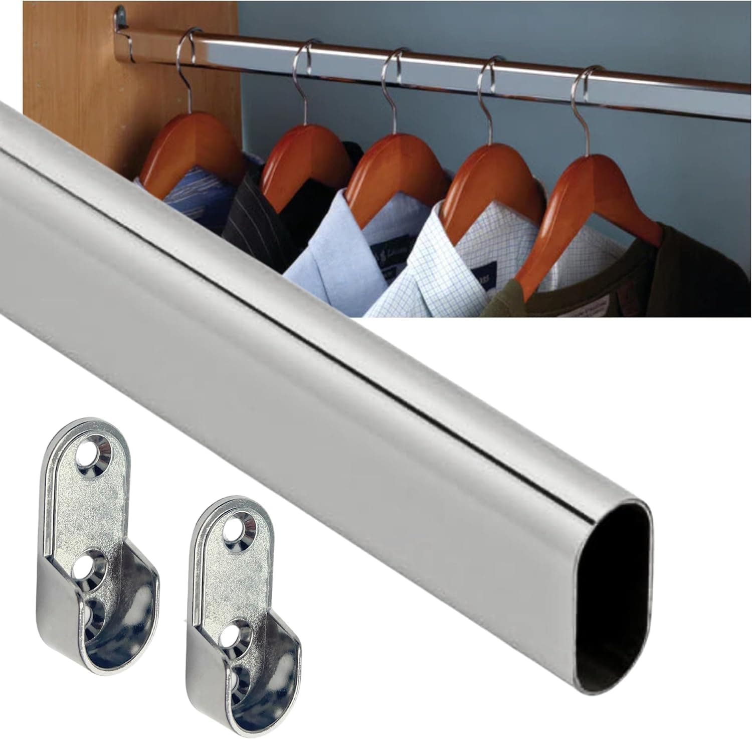 116cm Wardrobe Bar, Wardrobe Hanging Rod, Wardrobe Rod for Hanging Clothes, Oval Closet Rail Custom Cut To Size + End Support and Screws, Chrome Plated (1)