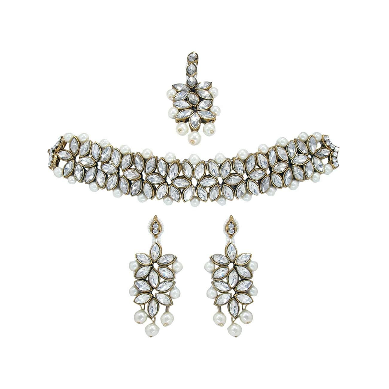 PADMAWATI BANGLES Pragyan Jewels and PADMAWATI BANGLES with White Crystal Kundan Pearl Choker Necklace Dangle Earrings Mang Tikka Jewellery Set for Women and Girls