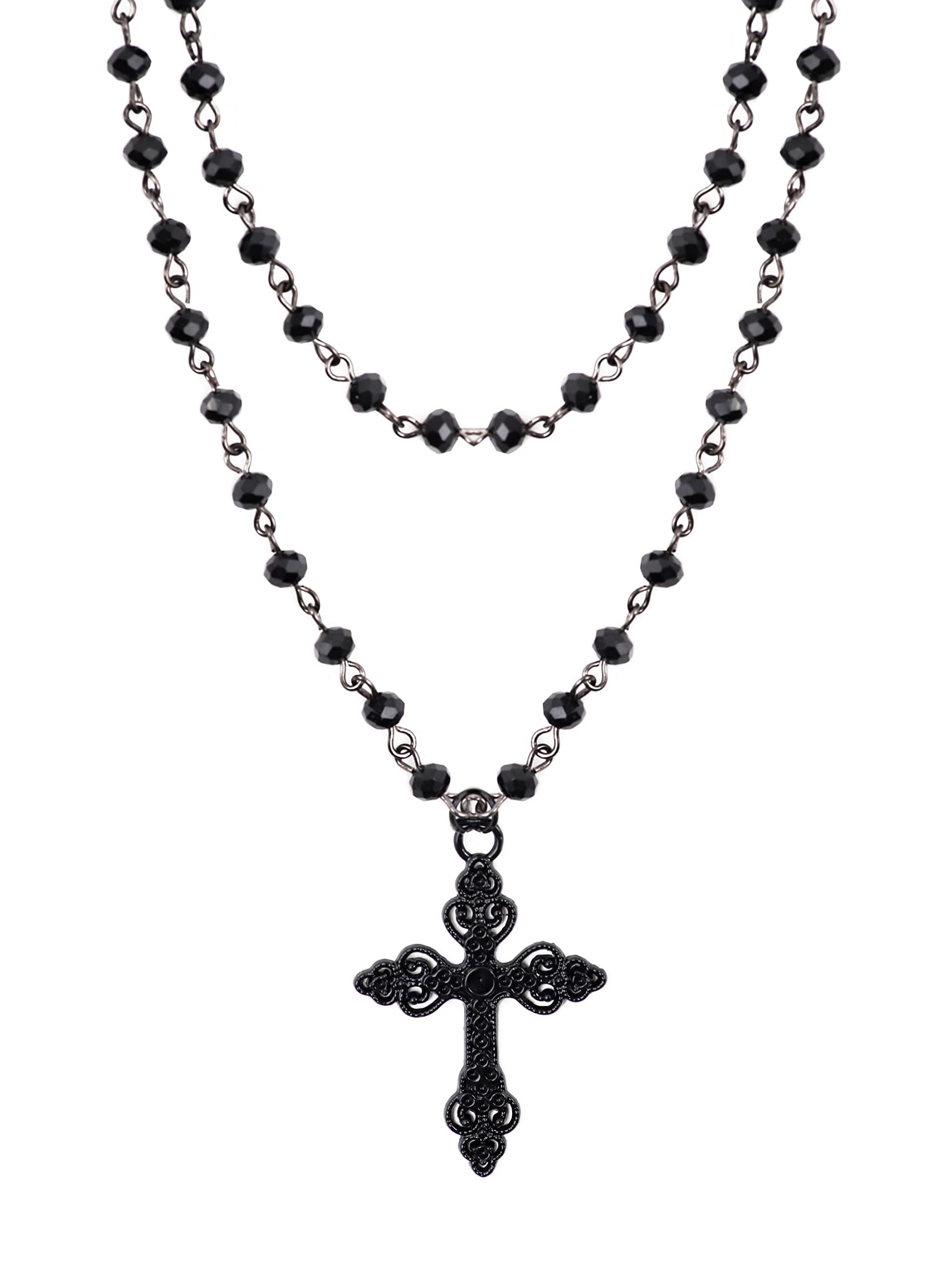 Sacina Gothic Layered Cross Choker Necklace, Black Bead Cross Choker, Gothic Emo Grunge Necklace, Costume Jewelry, Halloween Christmas Jewelry Gift for Women