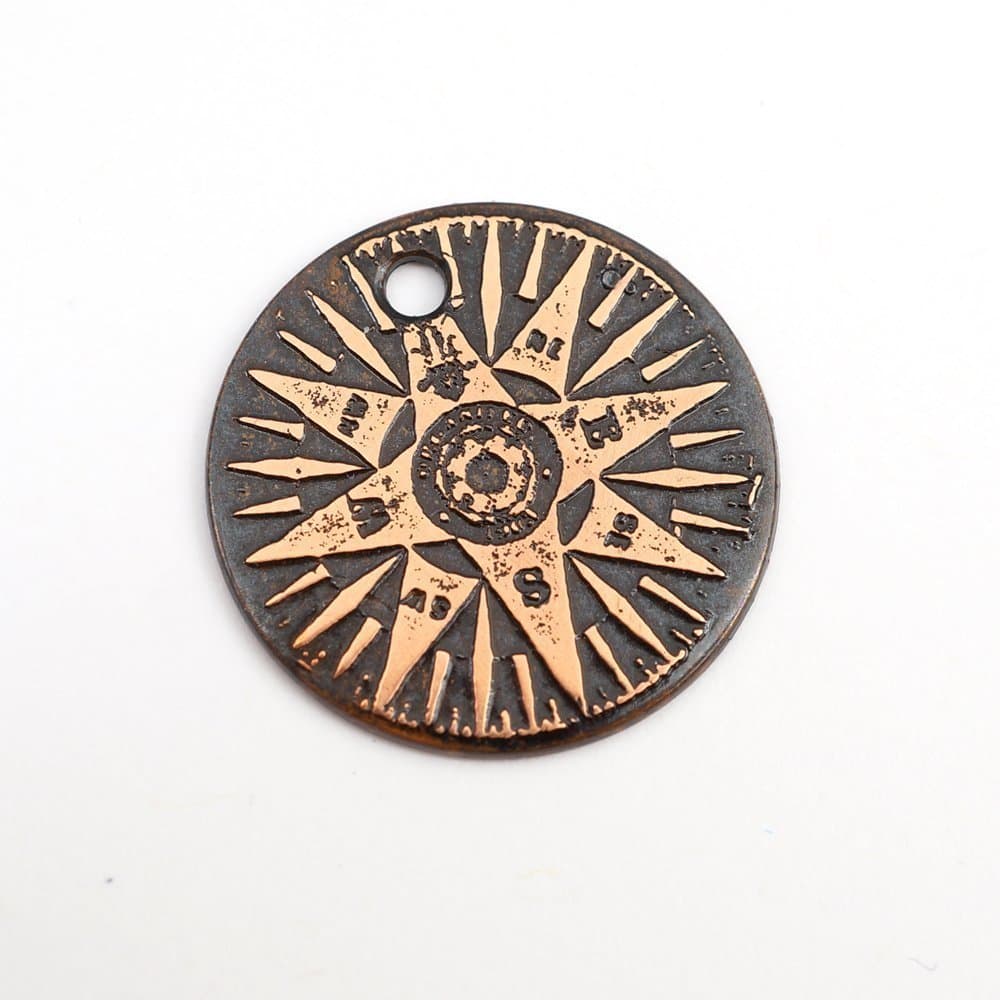 Small copper compass pendant, round flat etching, optional necklace, 22mm