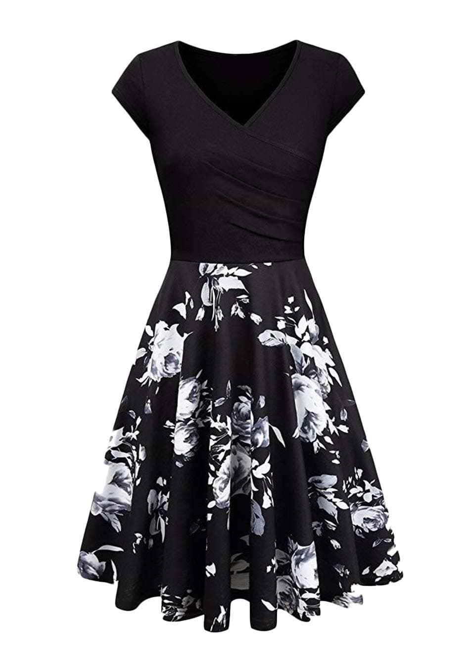 EFOFEI Women's Casual Short Sleeve V-Neck Plain Floral Wrap A-Line Midi Dress - Black - XX-Large
