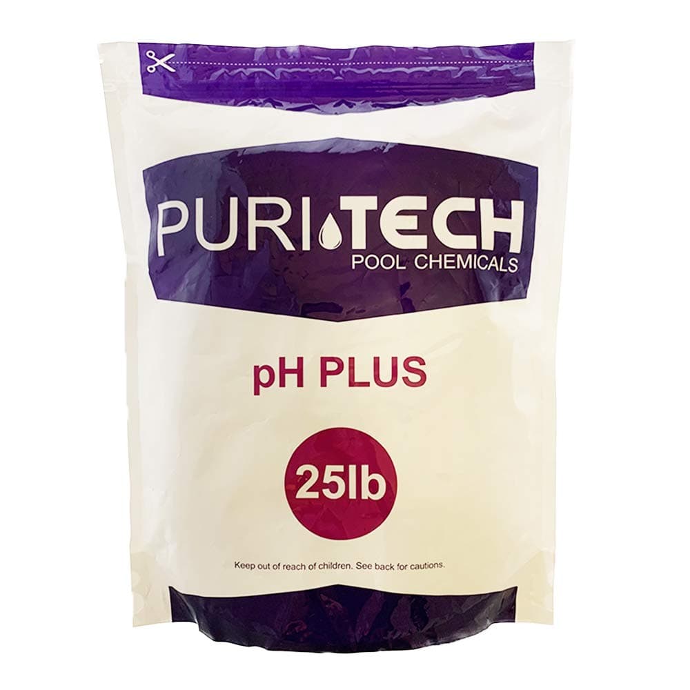 Puri TechChemicals pH Plus 25lb Resealable Bag for Swimming Pools & Spas pH Increaser Up Balancer 100% Sodium Carbonate Increases pH & Chlorine Effectiveness