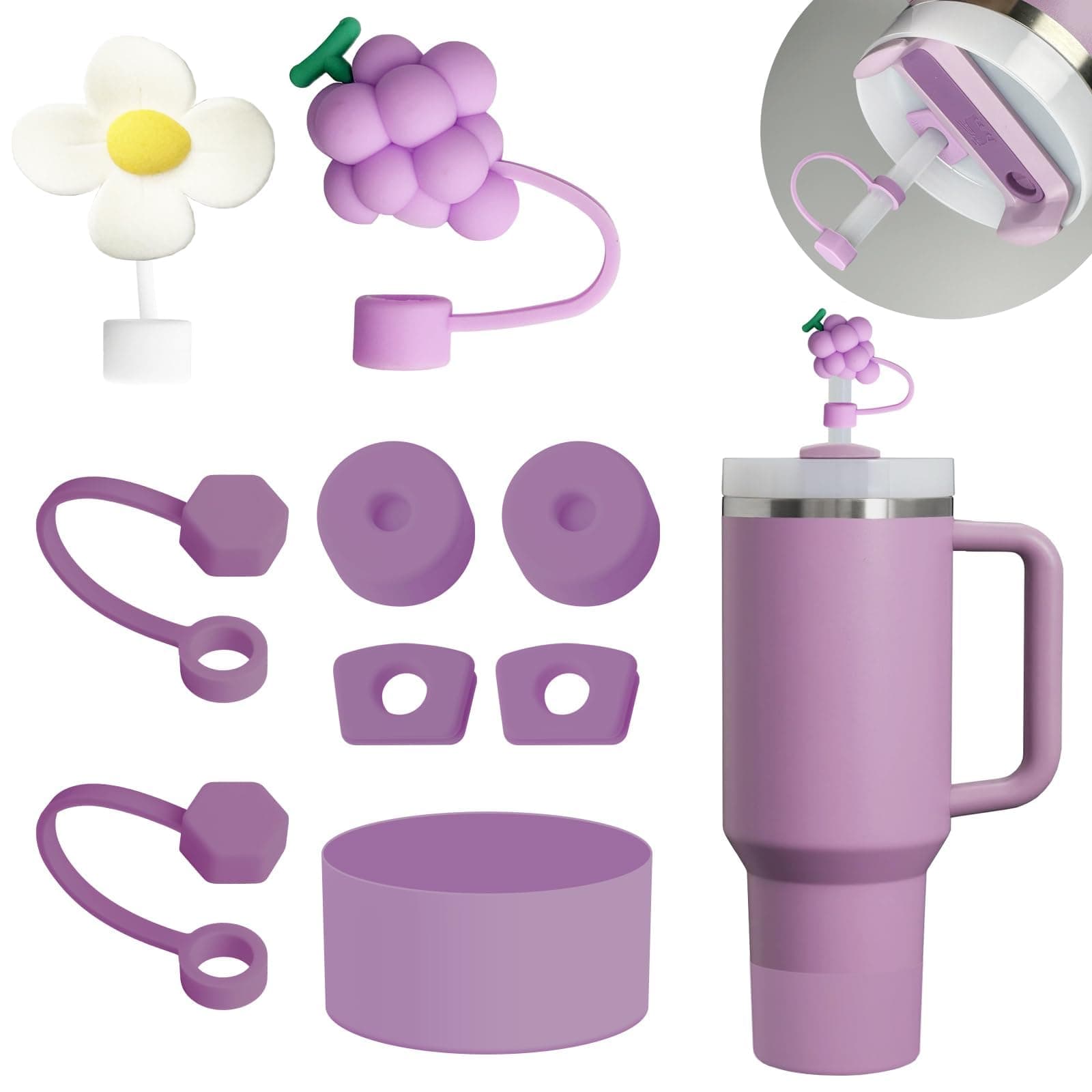 Stanley Cup Accessory Set, Includes 6 Leak-proof Silicone Plugs, 2 Straw Lids, 1 Silicone Case for Stanley Cup 1.2 L and 850 ml Cups, Cups Not Included (Purple)