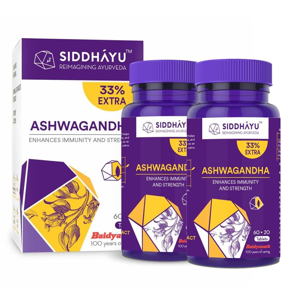 - Siddhayu By Baidyanath Ashwagandha 60+20 Tablets (Pack of 2) | 33% Extra | Immunity Booster, Strength & Stress Support | Ayurvedic Supplement