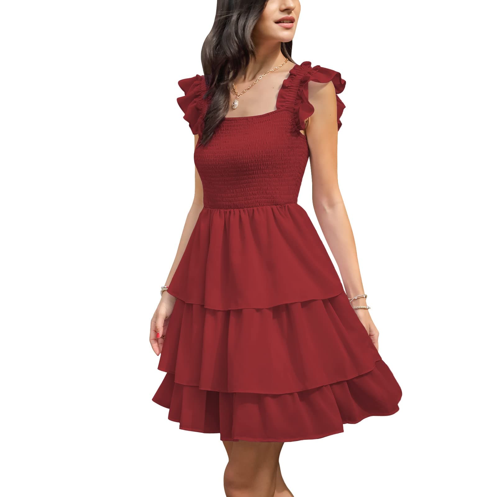 ByinnsWomens Square Neck Sleeveless Ruffle Dress High Waist Backless Tiered Smocked Strappy Casual Short Mini Dresses