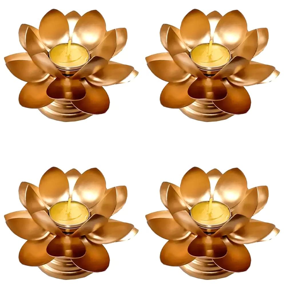 Beautiful Lotus Tealight Holder Candle Stand Metal Home Decoration Festival Occasions Diwali (Not Include Glass Candle) Golden Pack
