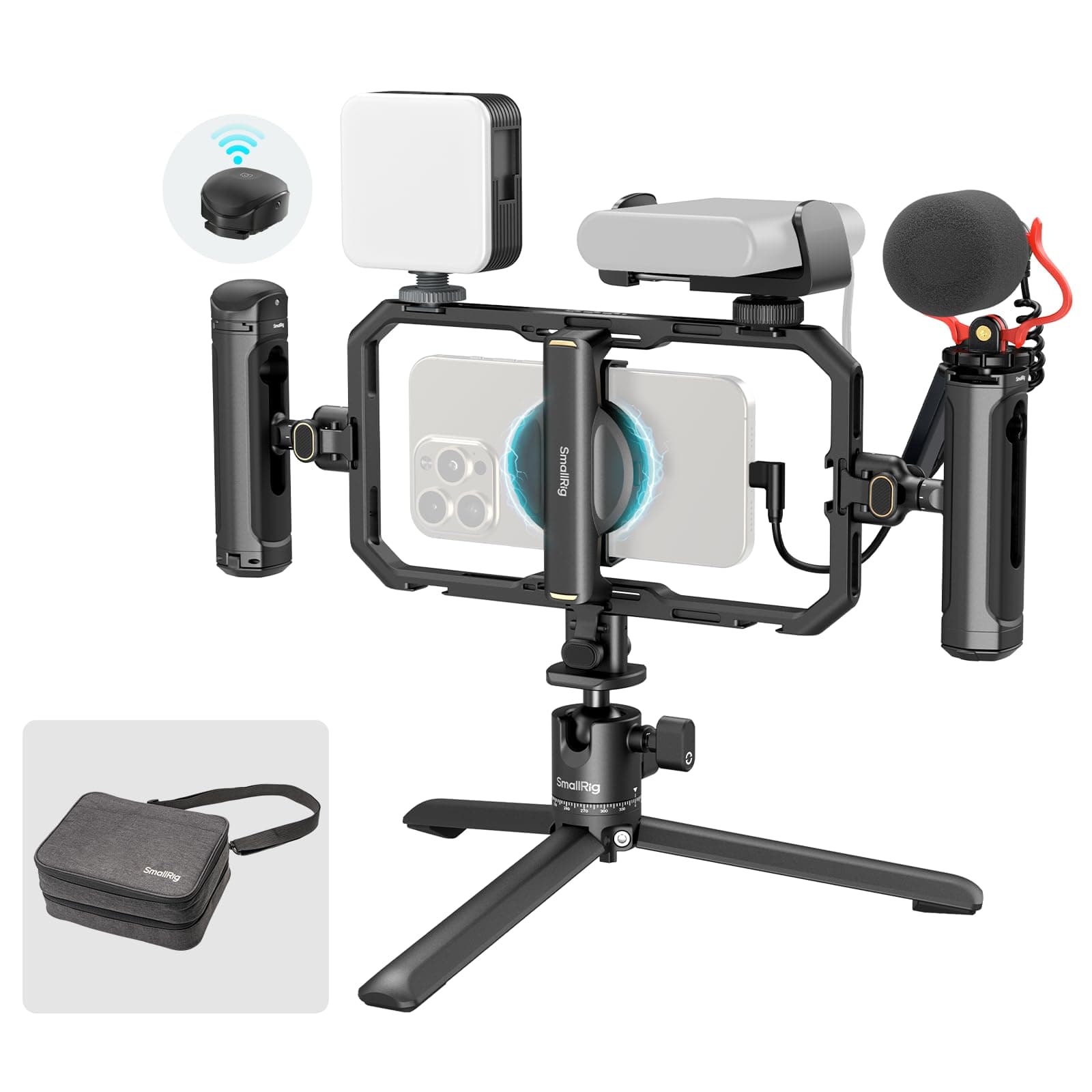 All-in-One Universal Quick Release Phone Video Rig Kit Pro, Phone Stabilizer Rig Kit with LED Light Microphone QR Tripod Dual Handles Power Bank Holder, for Vlogging & Live Streaming - 4704