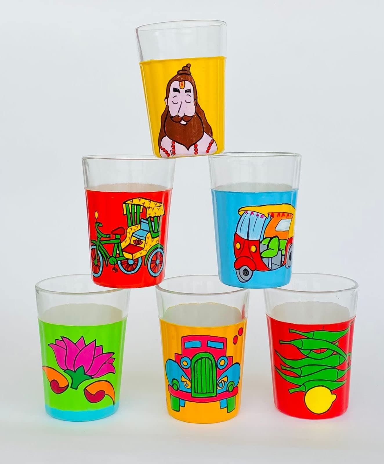 A Krazy Mug Colourful Designer Hand Crafted Traditional Cutting Chai Glasses with Iron Container Stand Holder (Multicolor, Set of 6, 90ml)