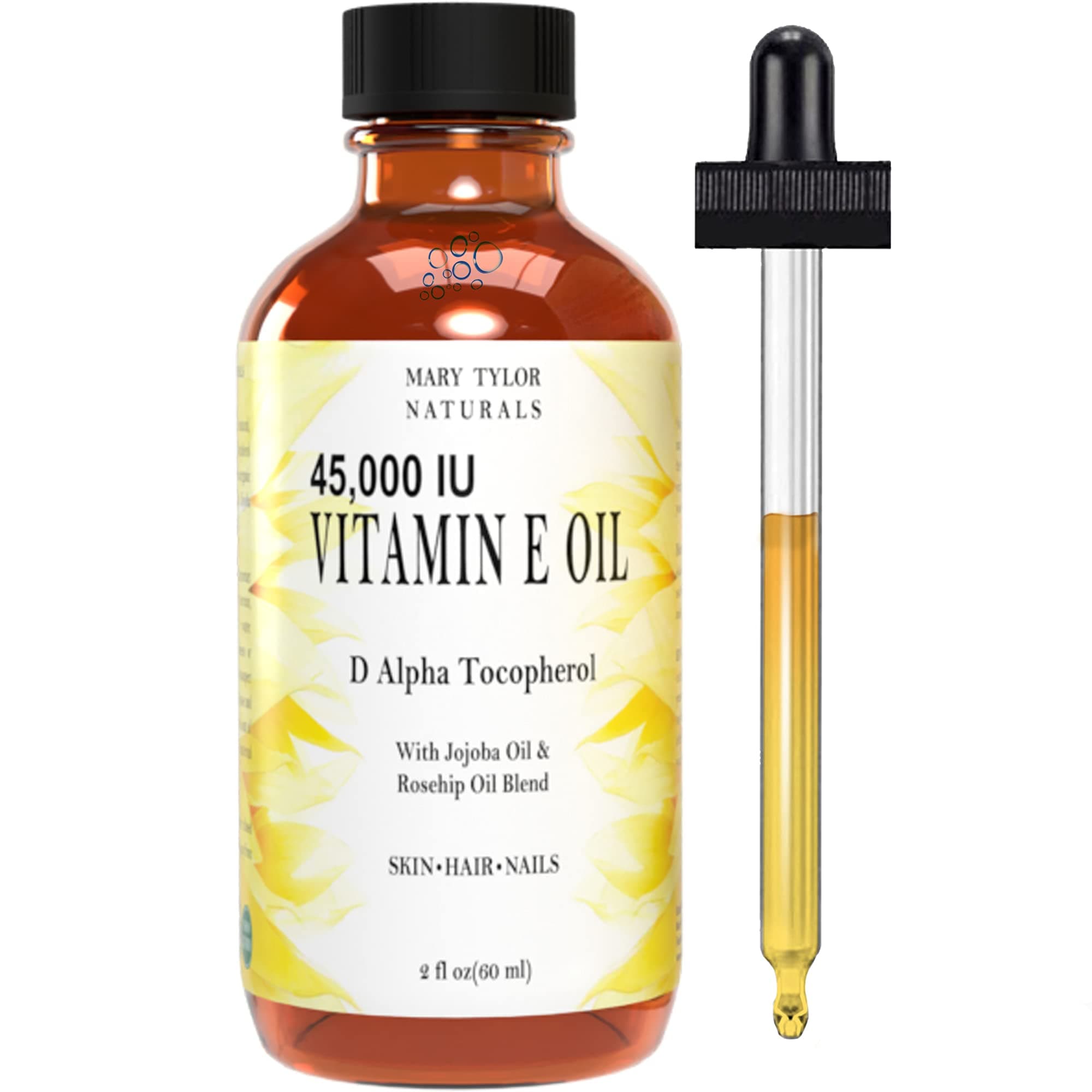 Mary Tylor Naturals Vitamin E Oil 2 oz — 45,000 IU D-Alpha Tocopherol — can be Used for Face, Skin Body, Hair & Nails — DIY