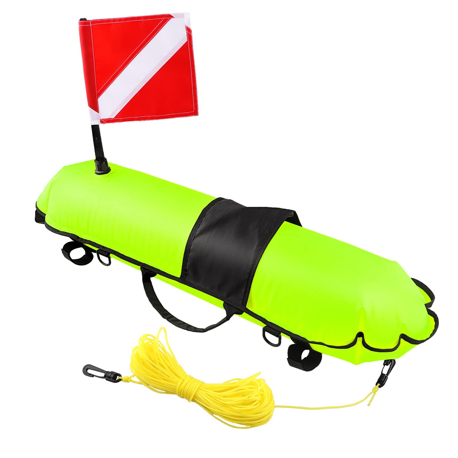 Spearfishing Buoy, Hi-Visibility Inflatable Torpedo Buoy Float Signal Floater Ball with Dive Safety Flag and 82ft Ropes for Scuba Diving, Freediving, Snorkeling, Swimming