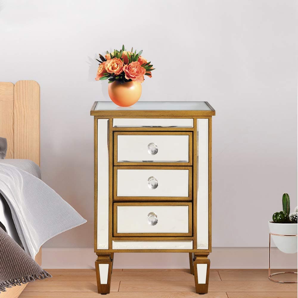 GA Home Modern 3-Drawer Mirrored End Table Nightstand Bedside Table for Bedroom Living Room, Antiqued Gold